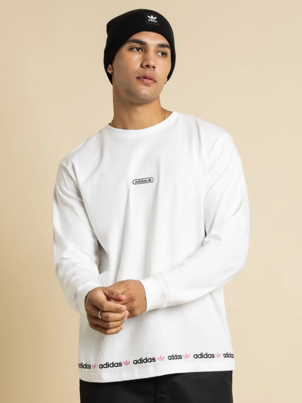Adidas Linear Repeat Long Sleeve T-Shirt in White with Adidas Logo in Black/Pink